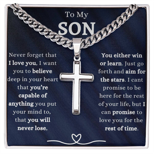 TO MY SON | HEARTFELT GIFT TO SON | CUBAN CHAIN WITH ARTISAN CROSS NECKLACE