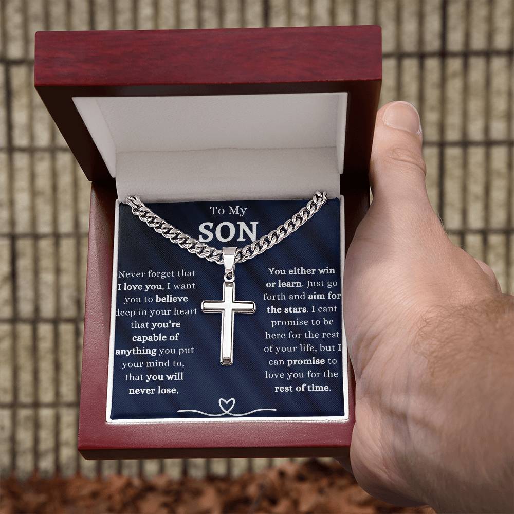 TO MY SON | HEARTFELT GIFT TO SON | CUBAN CHAIN WITH ARTISAN CROSS NECKLACE