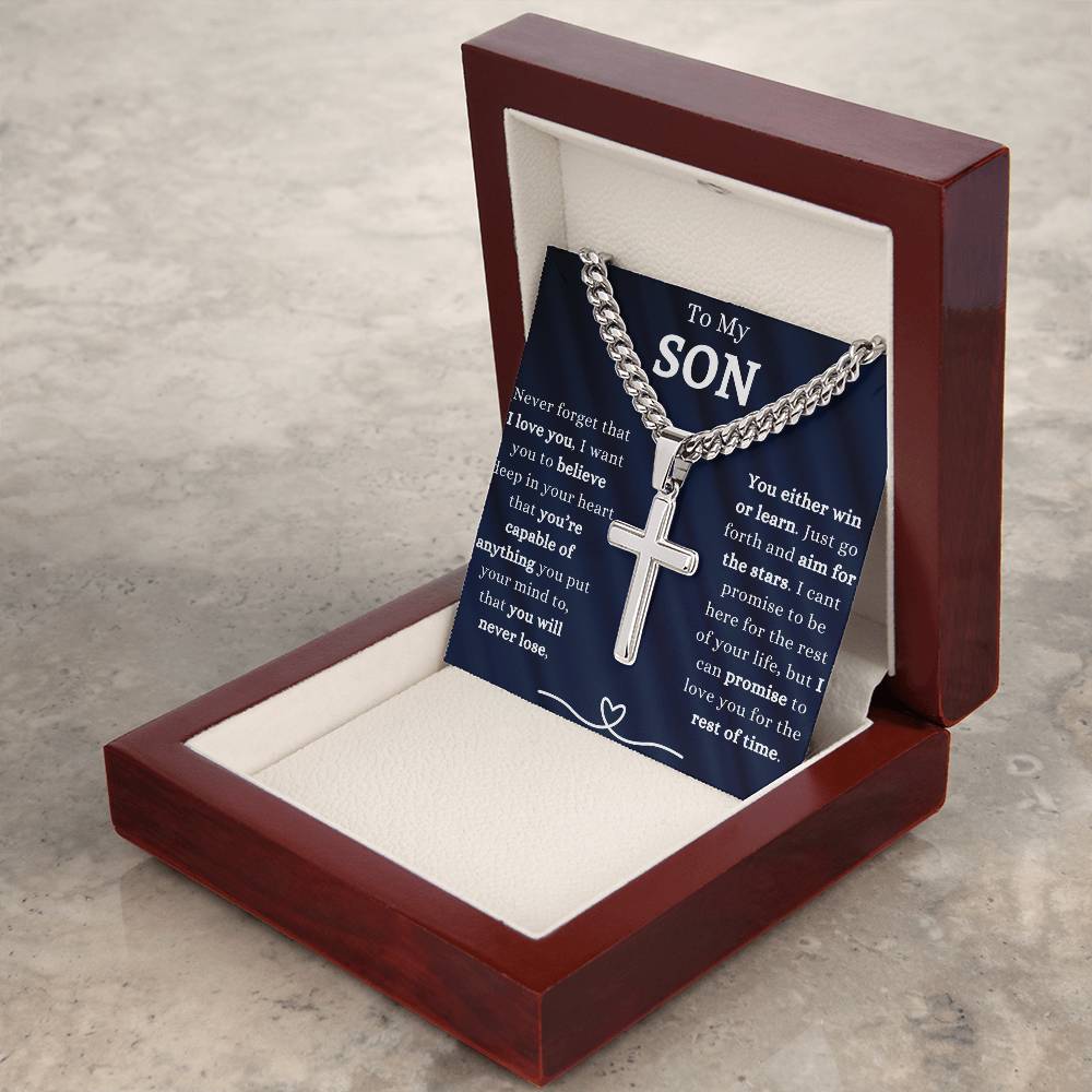 TO MY SON | HEARTFELT GIFT TO SON | CUBAN CHAIN WITH ARTISAN CROSS NECKLACE