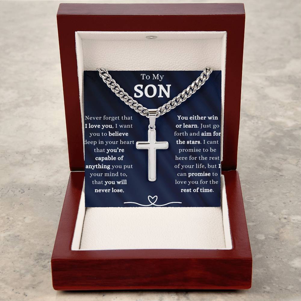 TO MY SON | HEARTFELT GIFT TO SON | CUBAN CHAIN WITH ARTISAN CROSS NECKLACE