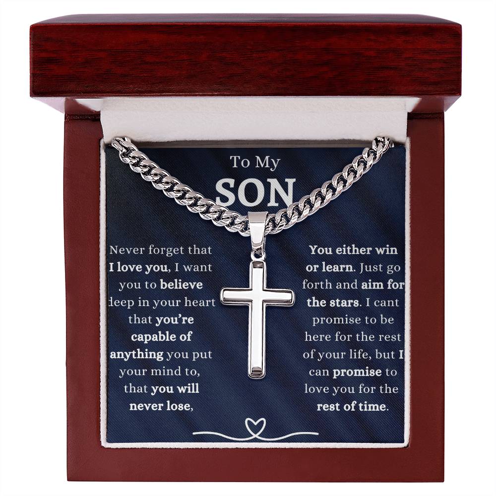 TO MY SON | HEARTFELT GIFT TO SON | CUBAN CHAIN WITH ARTISAN CROSS NECKLACE