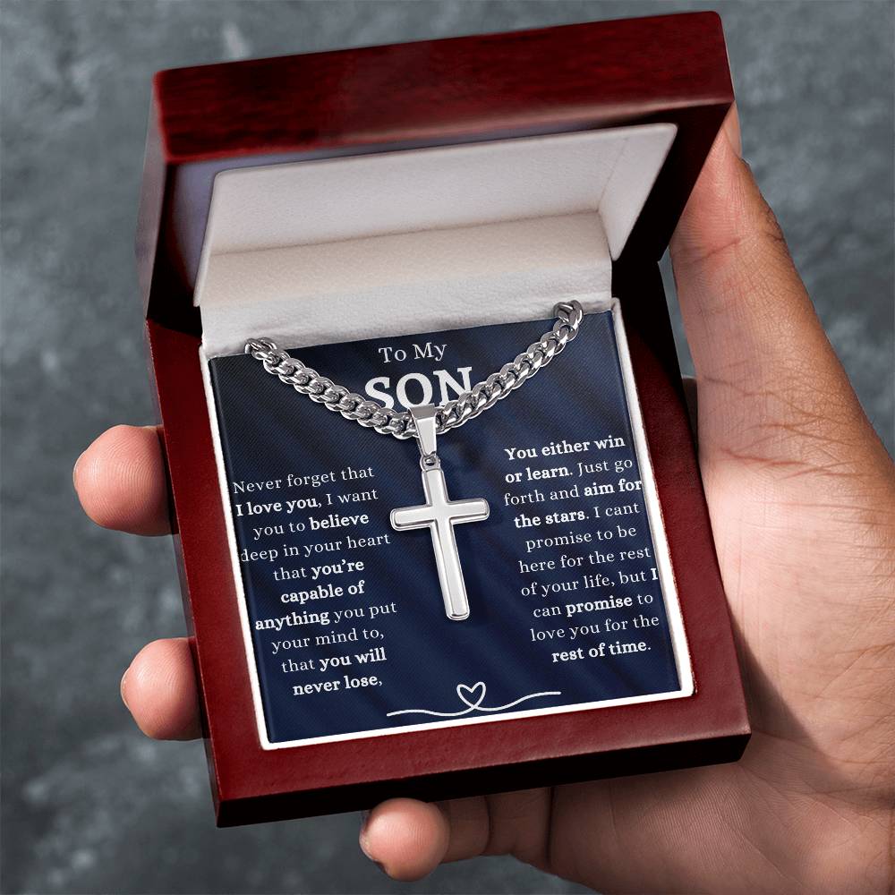 TO MY SON | HEARTFELT GIFT TO SON | CUBAN CHAIN WITH ARTISAN CROSS NECKLACE