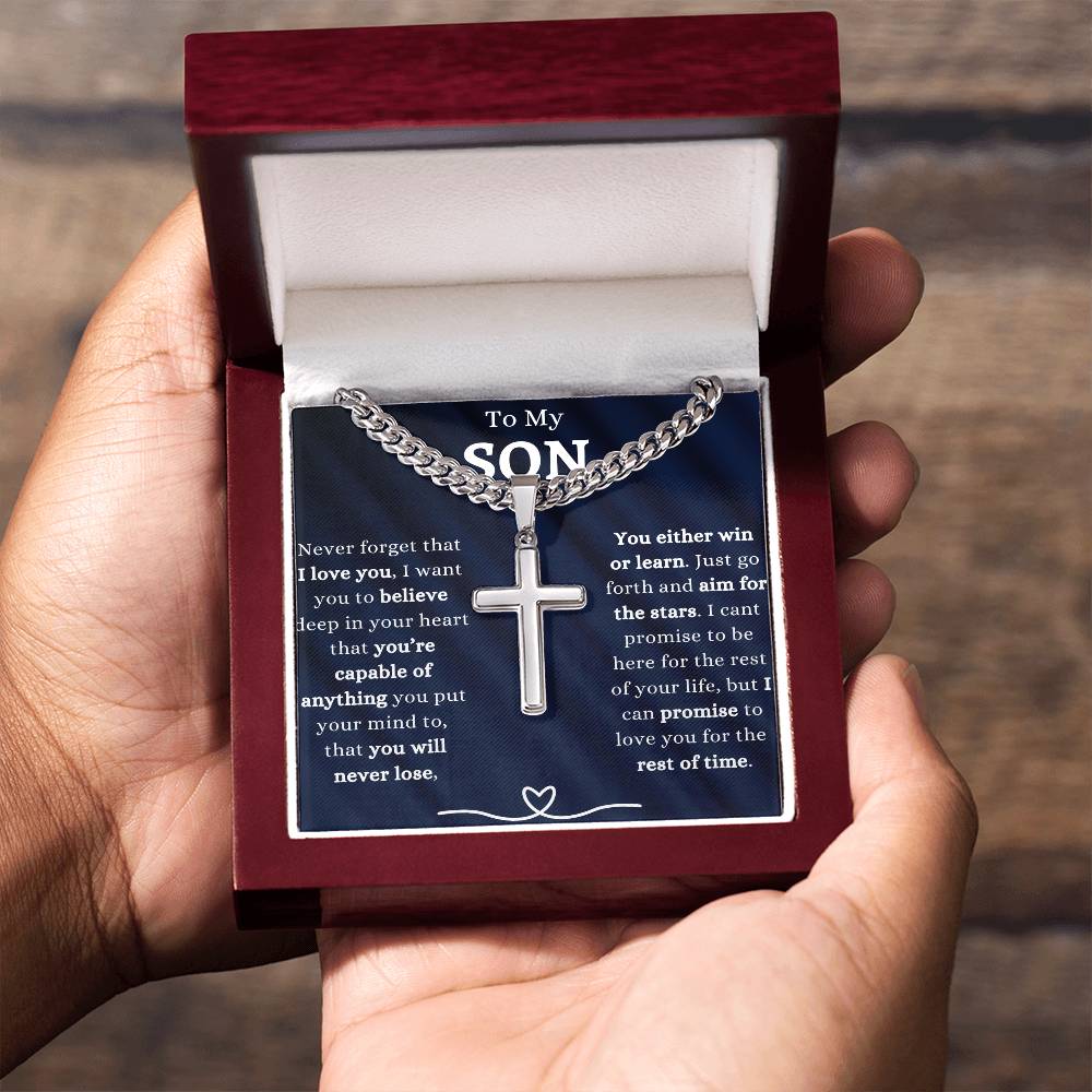 TO MY SON | HEARTFELT GIFT TO SON | CUBAN CHAIN WITH ARTISAN CROSS NECKLACE